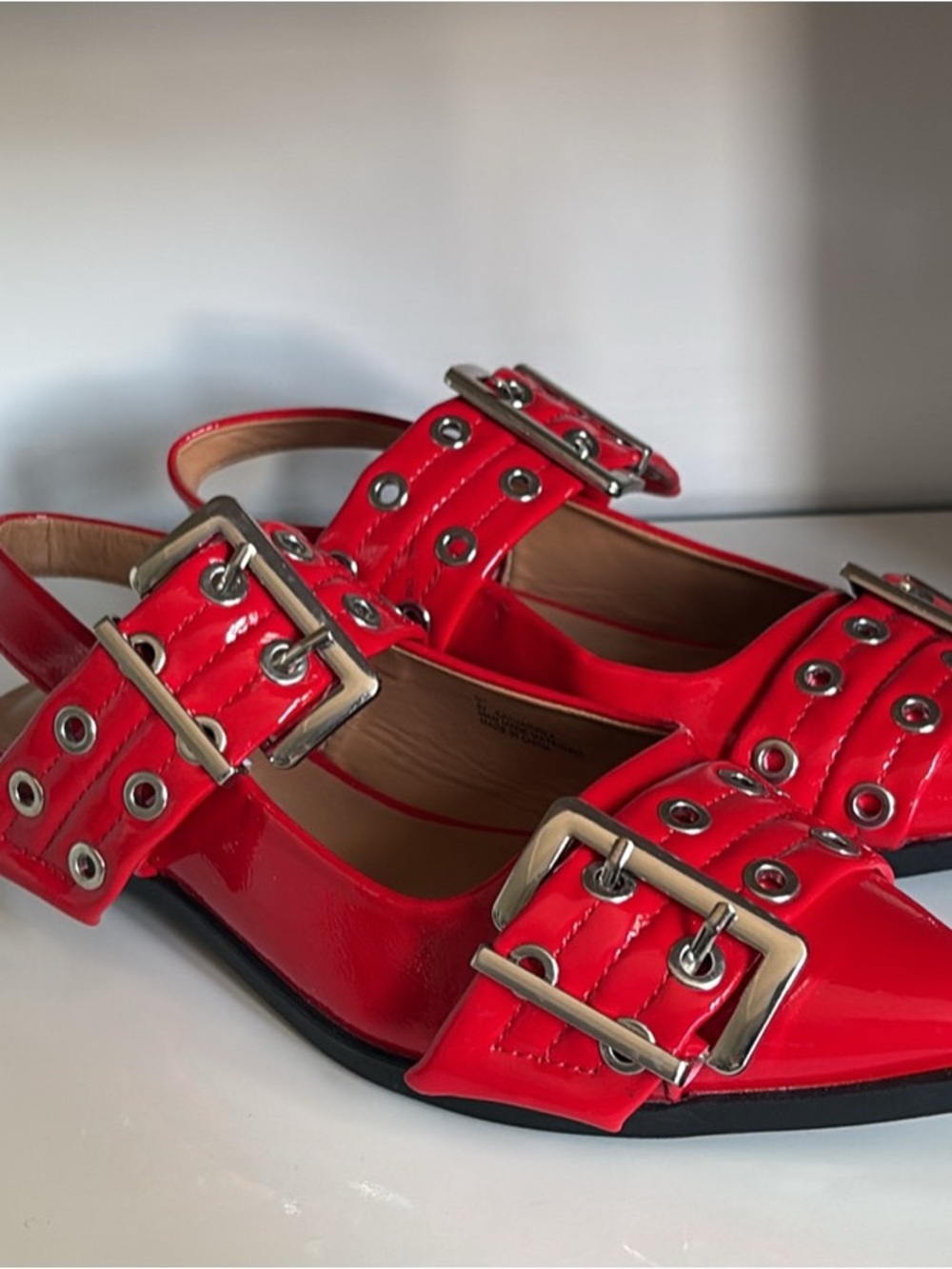 Patent Red Slingback Flats with Silver Buckle Accents
